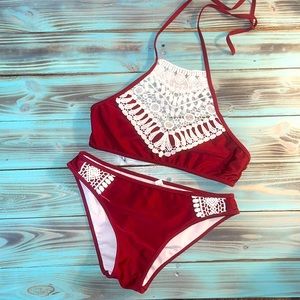 Maroon and lace swimsuit